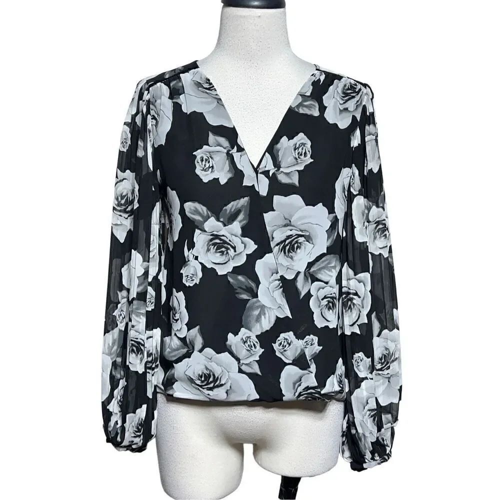 White House Black Market WHBM Silky Floral Balloon Sleeve Blouse Size 0
